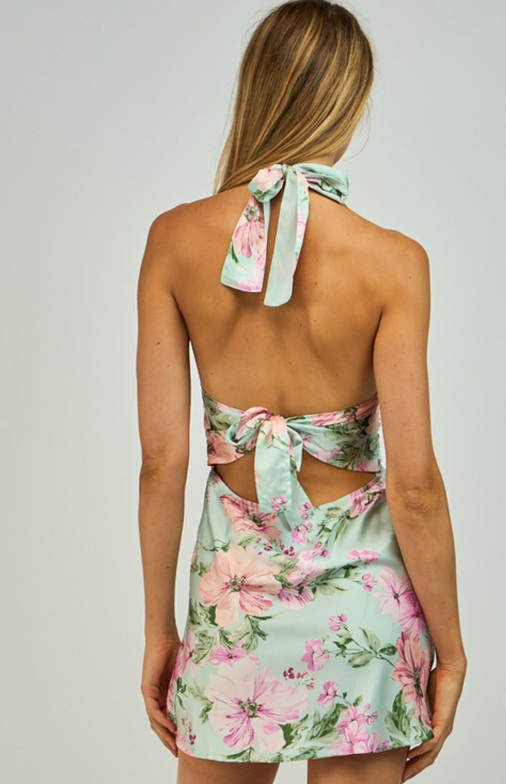 Minty. Floral halter open back waist tie mini dress