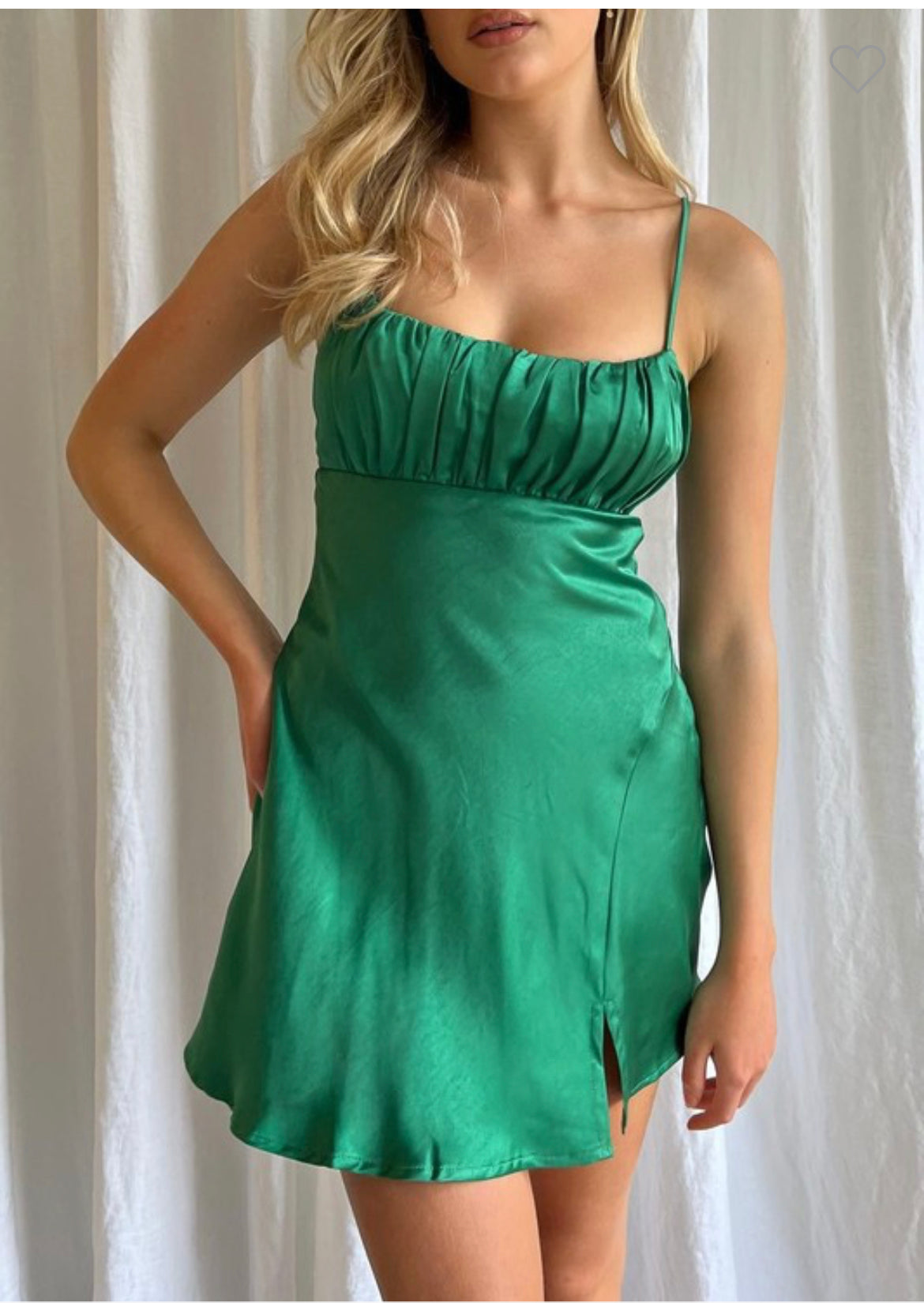 Ava green satin ruched chest A line dress