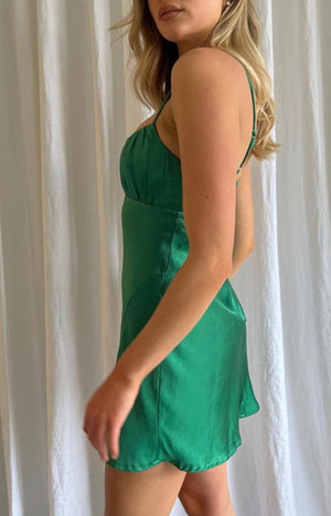 Ava green satin ruched chest A line dress