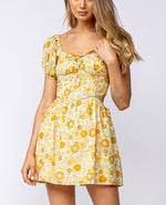 Short sleeve gold floral garden mini dress