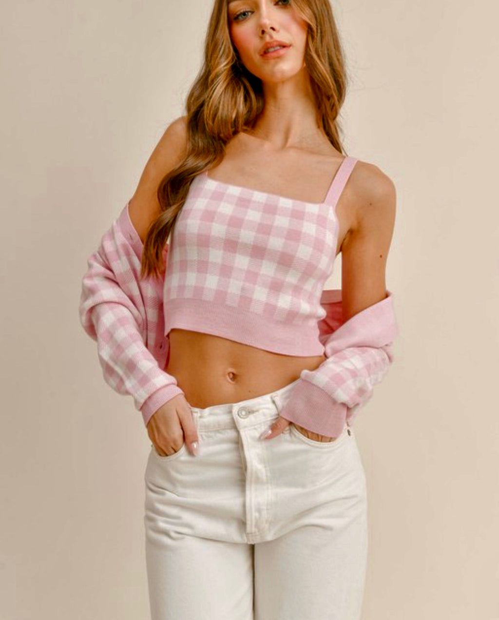 Barbie  pink plaid crop cardigan set