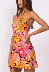 Tropical orange floral halter mini dress