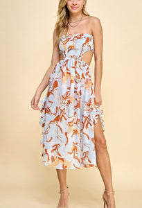 Summer Breeze Blue Print Midi Strapless dress