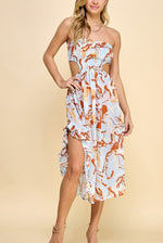 Summer Breeze Blue Print Midi Strapless dress