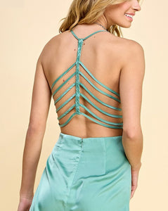 Sage strappy back cutout mini dress