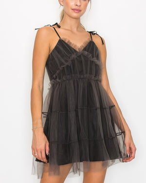 Mesh layer tiered dusty black dress