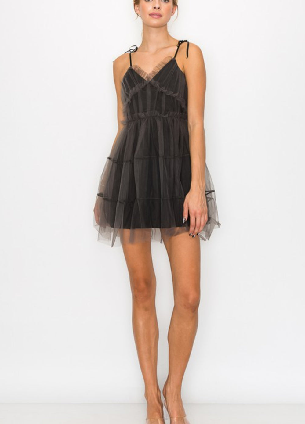 Mesh layer tiered dusty black dress