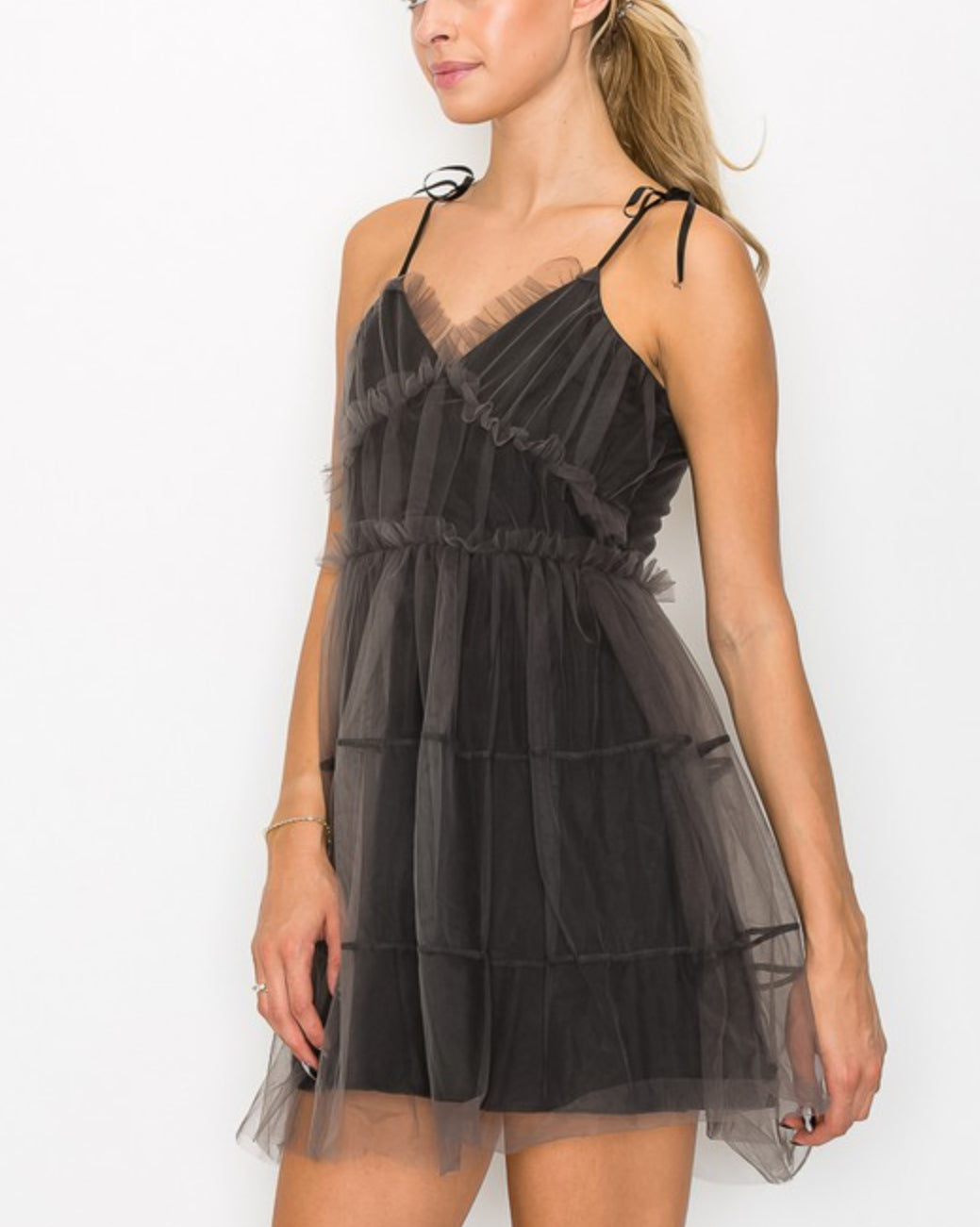 Mesh layer tiered dusty black dress