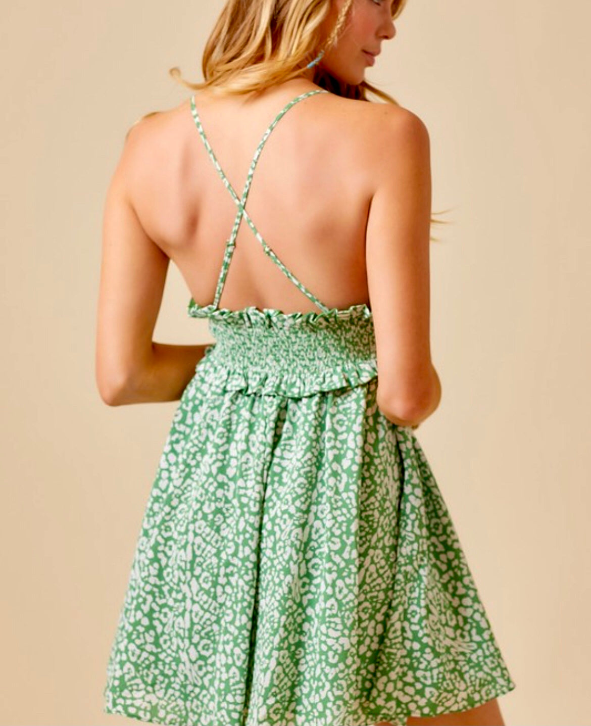 Kelly green smocked waist fit and flare mini dress