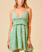 Kelly green smocked waist fit and flare mini dress