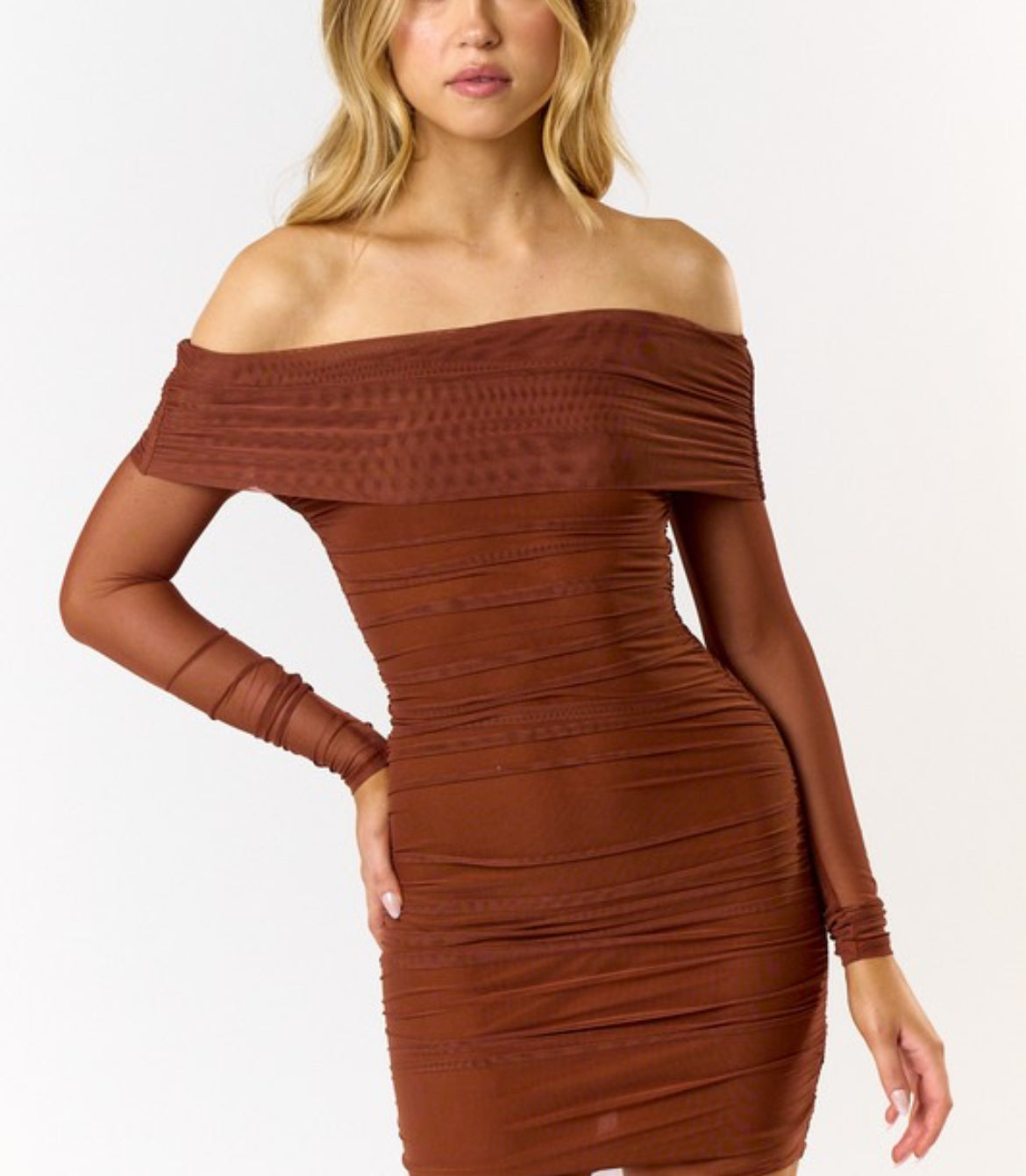 Toffee  off shoulder long sleeve mesh mini bodycon dress